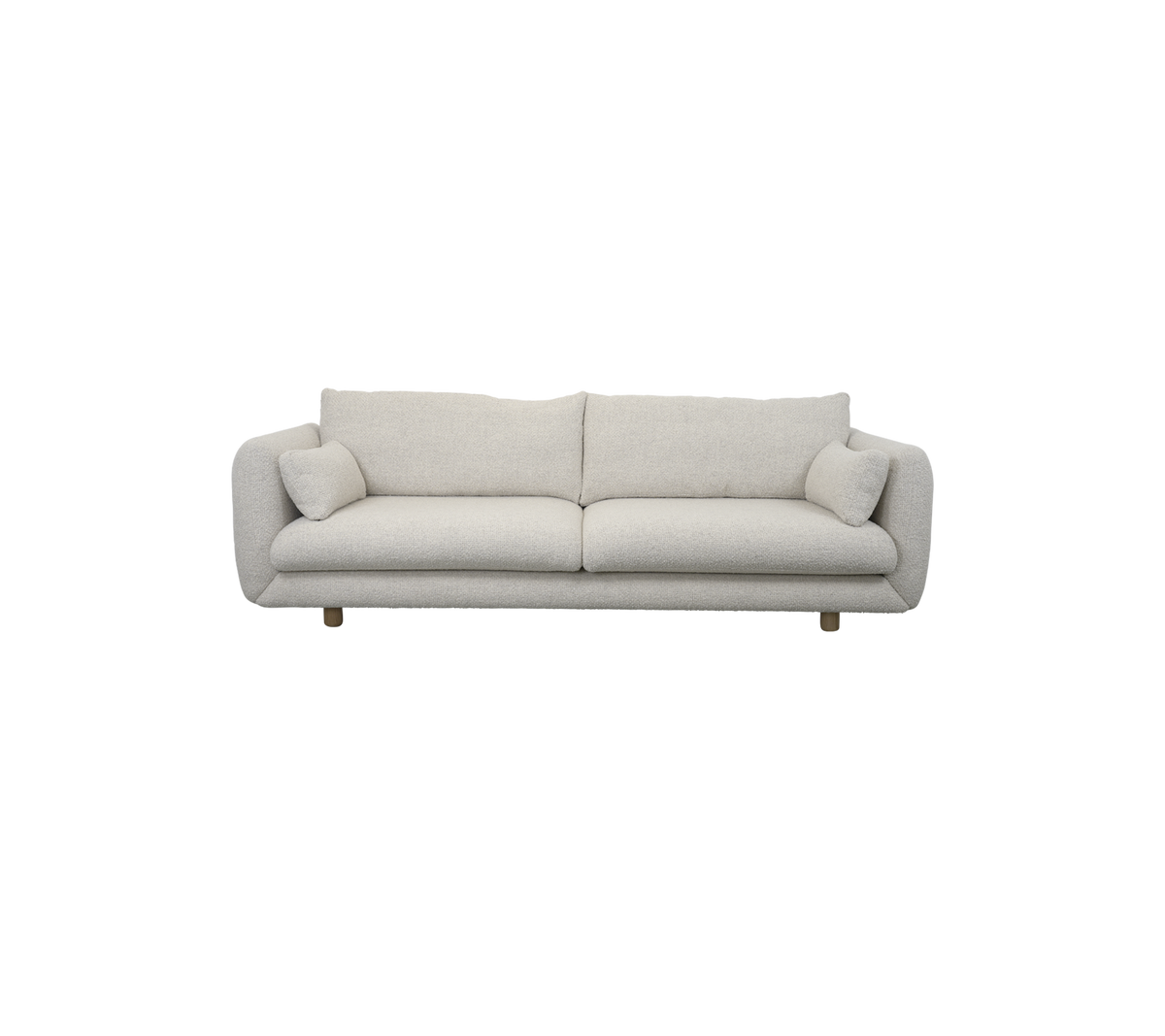 Lysfarget, plysjsofa med to matchende puter, som har et moderne design og rene linjer for et stilfullt sittealternativ.