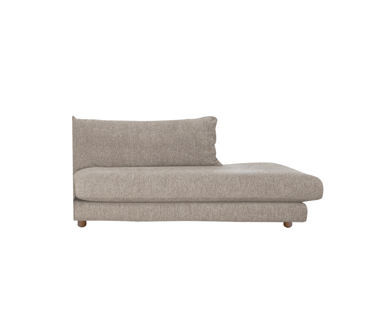 Lyst brunt sofa med et enkelt design, som har en polstret rygg og sete.