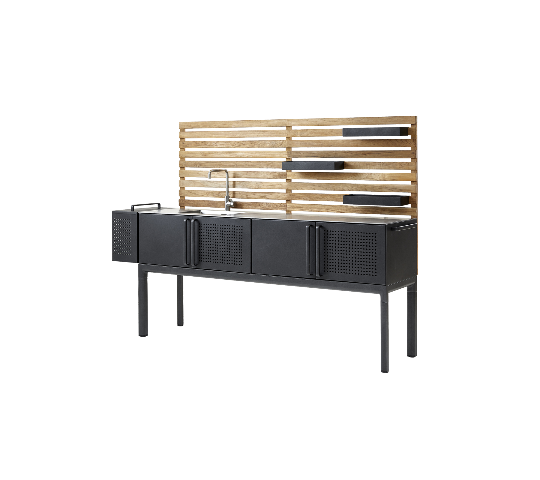 Moderne skap med en stilig svart finish, som har fire lagringsrom og en rygg i trelameller med hyllplass. Perfekt for stilfull organisering.