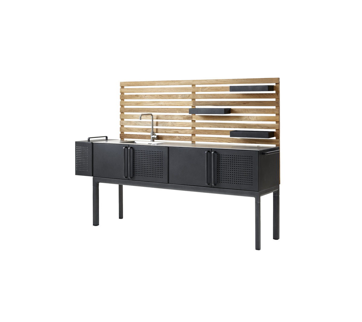 Moderne skap med en stilig svart finish, som har fire lagringsrom og en rygg i trelameller med hyllplass. Perfekt for stilfull organisering.