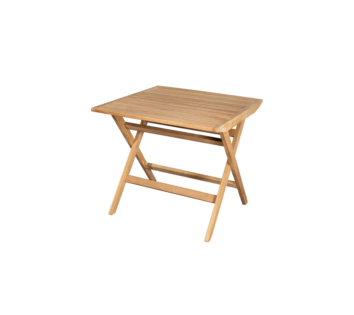Kompakt trebord med lamellert topp og kryssben, perfekt for allsidig bruk i ulike settinger.