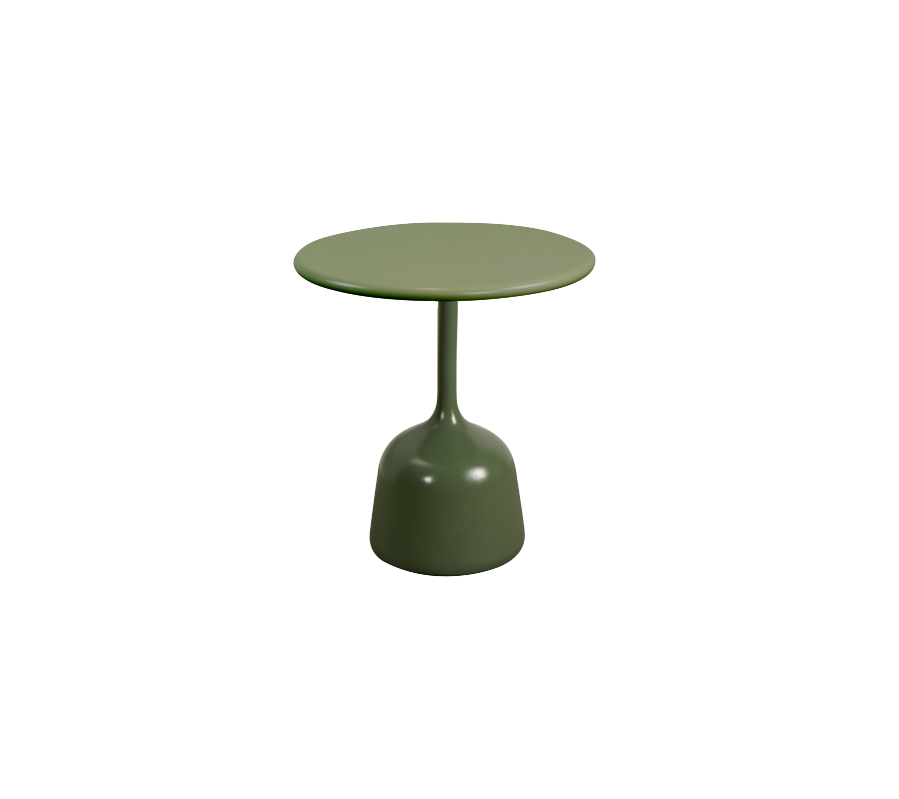 Litet rundt bord med et enkelt design og en solid grønn finish, med en glatt topp støttet av en rund fot.