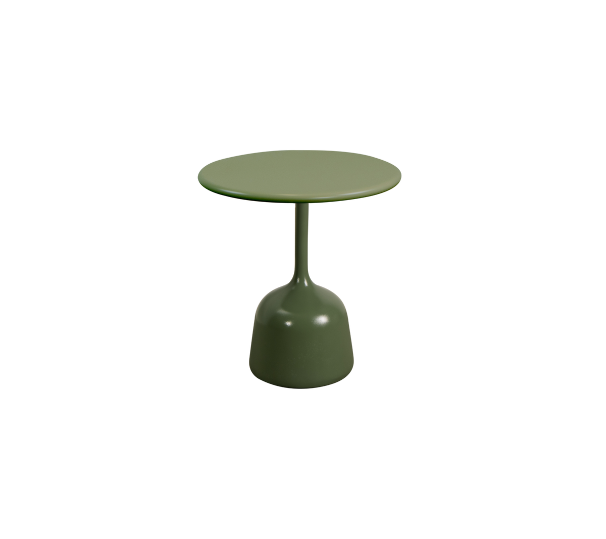 Litet rundt bord med et enkelt design og en solid grønn finish, med en glatt topp støttet av en rund fot.