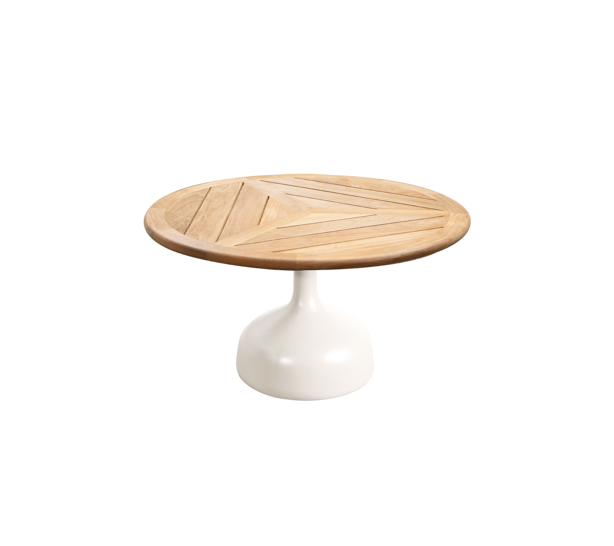 Rundt bord med en treplate med geometriske mønstre og en slank hvit pedestalbase. Ideelt for moderne og stilige rom.