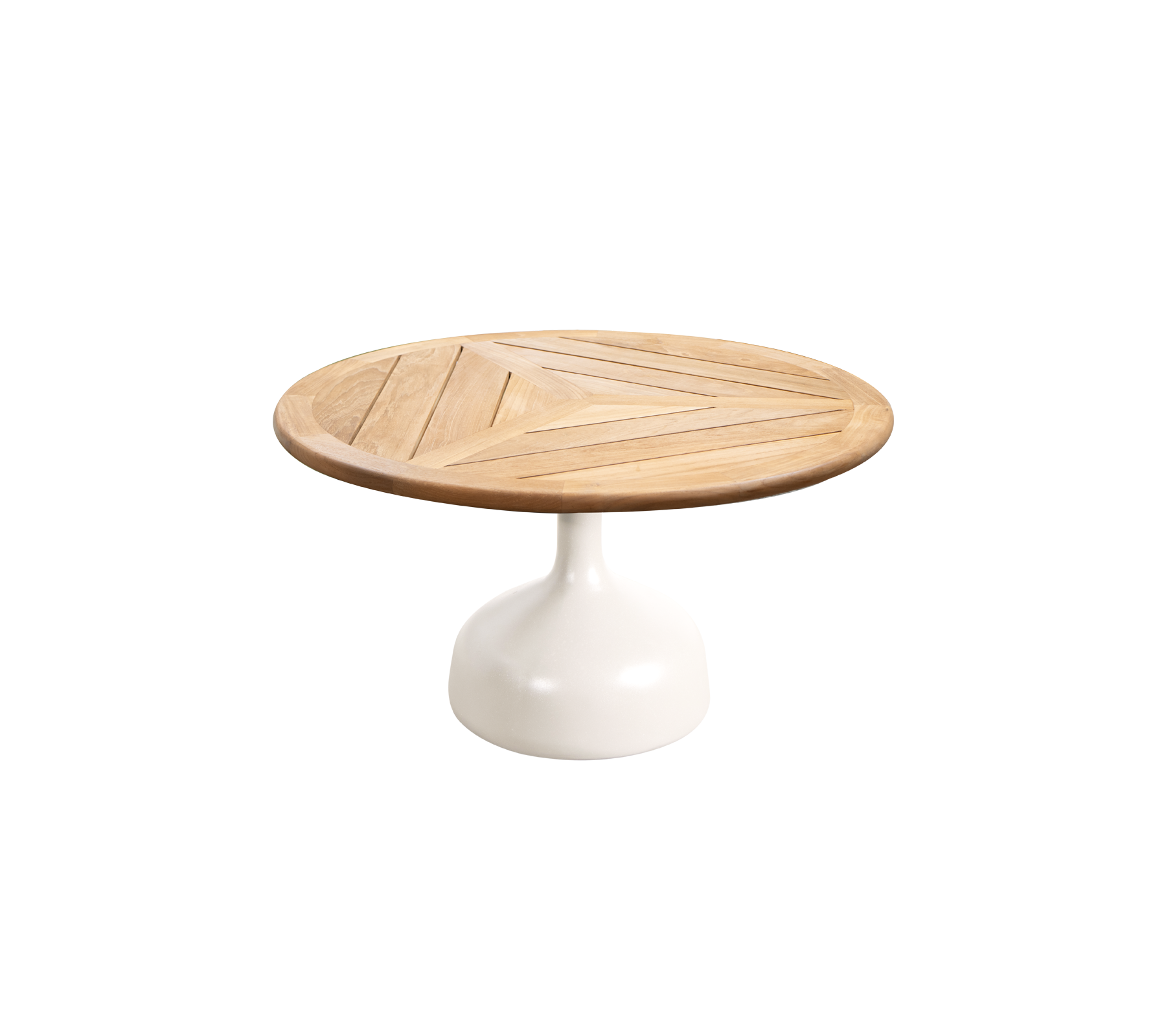 Rundt bord med en treplate med geometriske mønstre og en slank hvit pedestalbase. Ideelt for moderne og stilige rom.