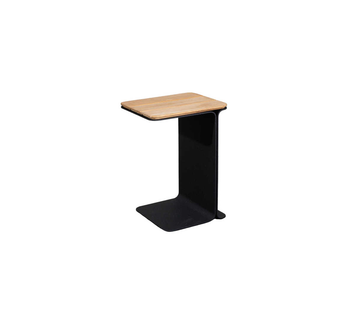 Minimalistisk sidebord med en treskive og en slank svart base, ideelt for moderne dekor.