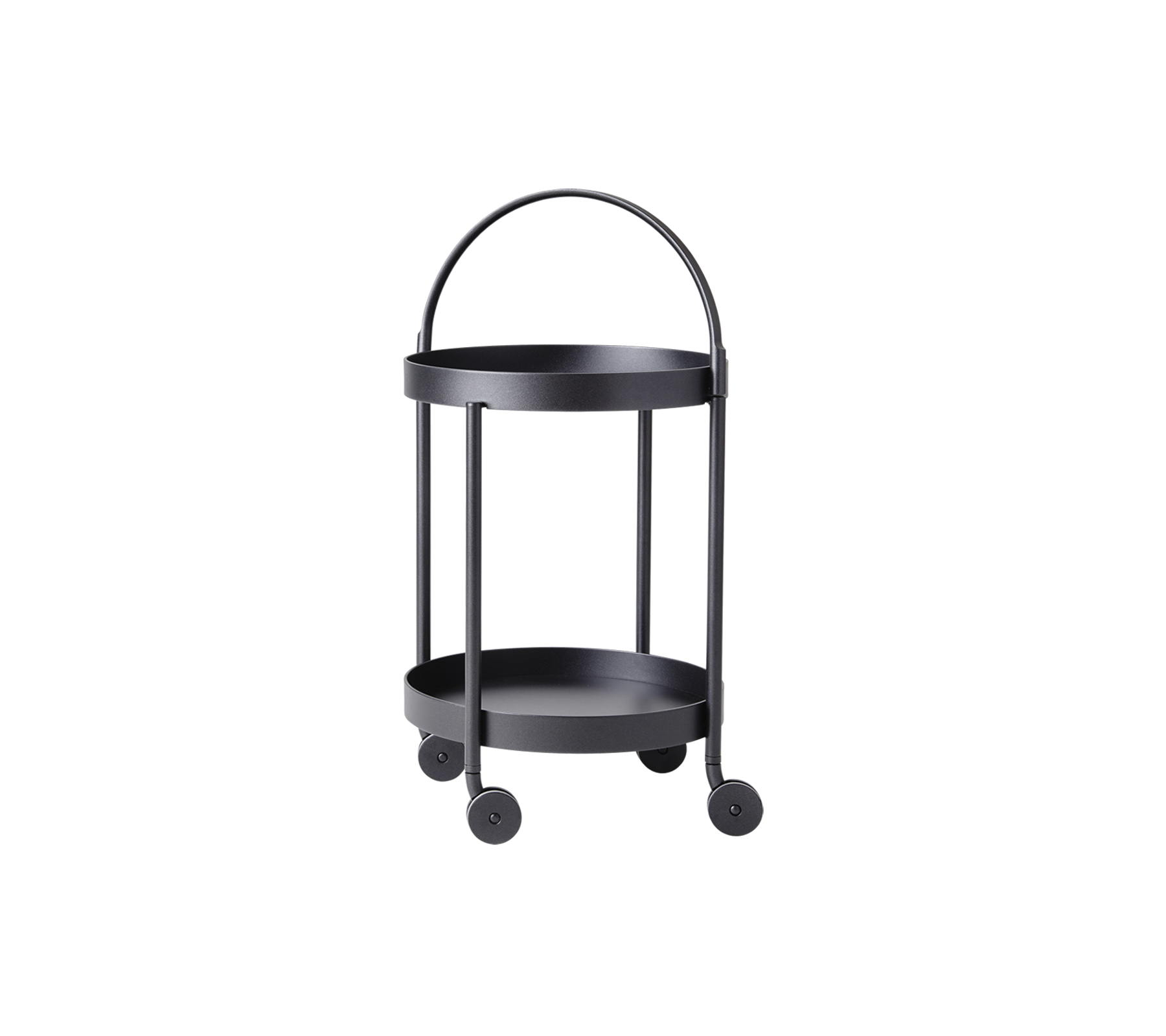 Svart, to-nivå serveringsvogn på hjul med et buet håndtak og minimalistisk design, ideell for allsidig oppbevaring og visning.