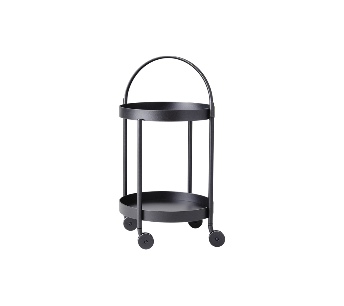 Svart, to-nivå serveringsvogn på hjul med et buet håndtak og minimalistisk design, ideell for allsidig oppbevaring og visning.