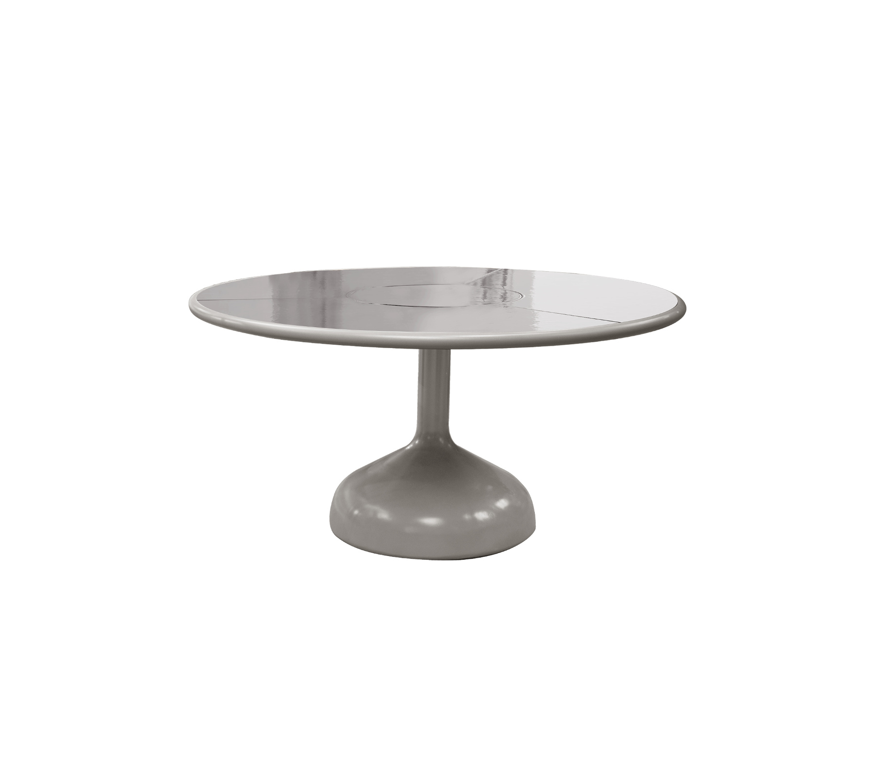 Rundt bord med en glatt, blank overflate og et solid pedestalbase, som viser et moderne og minimalistisk design.