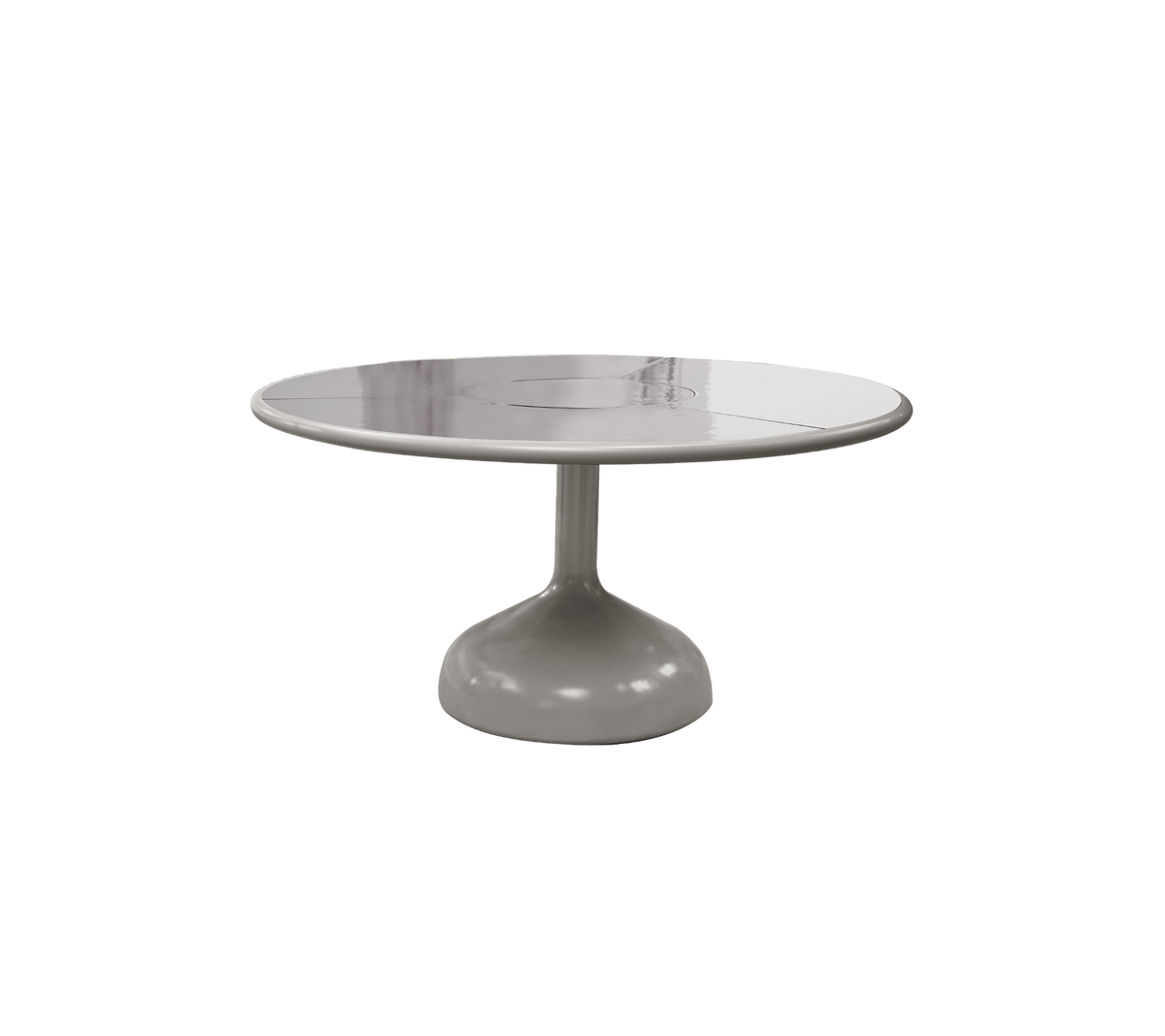 Rundt bord med en glatt, blank overflate og et solid pedestalbase, som viser et moderne og minimalistisk design.