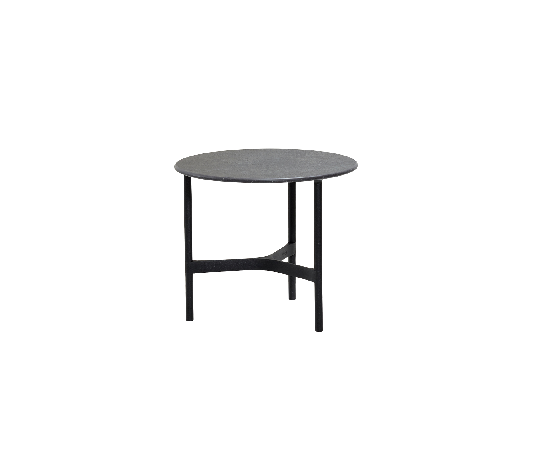 Rundt bord med en grå overflate og kraftige svarte ben, designet for allsidig bruk i forskjellige innstillinger.