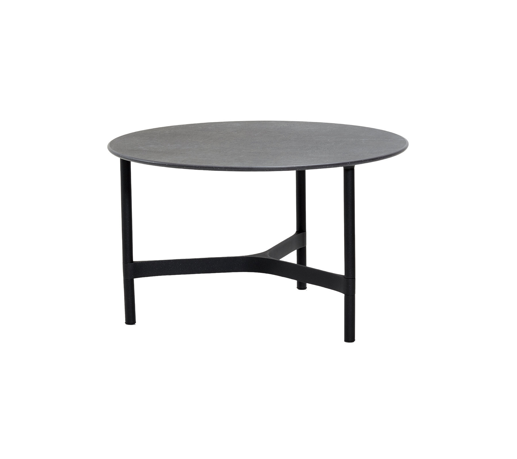 Rund bord med en elegant grå topp og en solid svart ramme, perfekt for moderne stuer og uformelle sammenkomster.