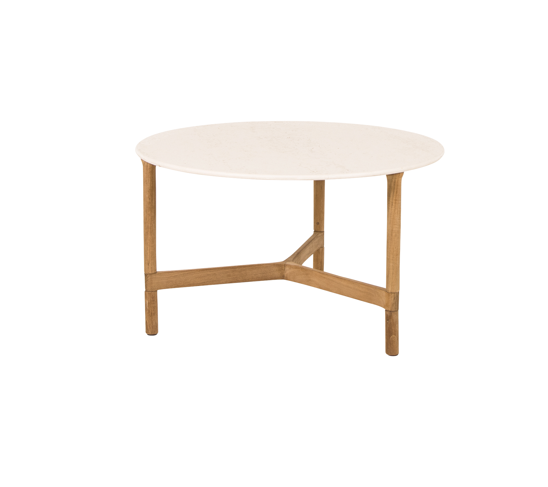 Rundt kaffebord med en jevn hvit topp og lyse trebein, med et moderne og minimalistisk design.