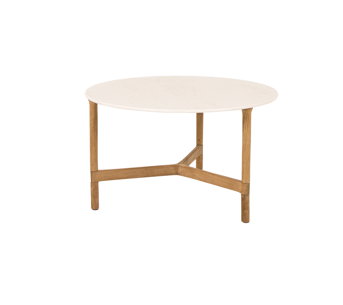 Rundt kaffebord med en jevn hvit topp og lyse trebein, med et moderne og minimalistisk design.