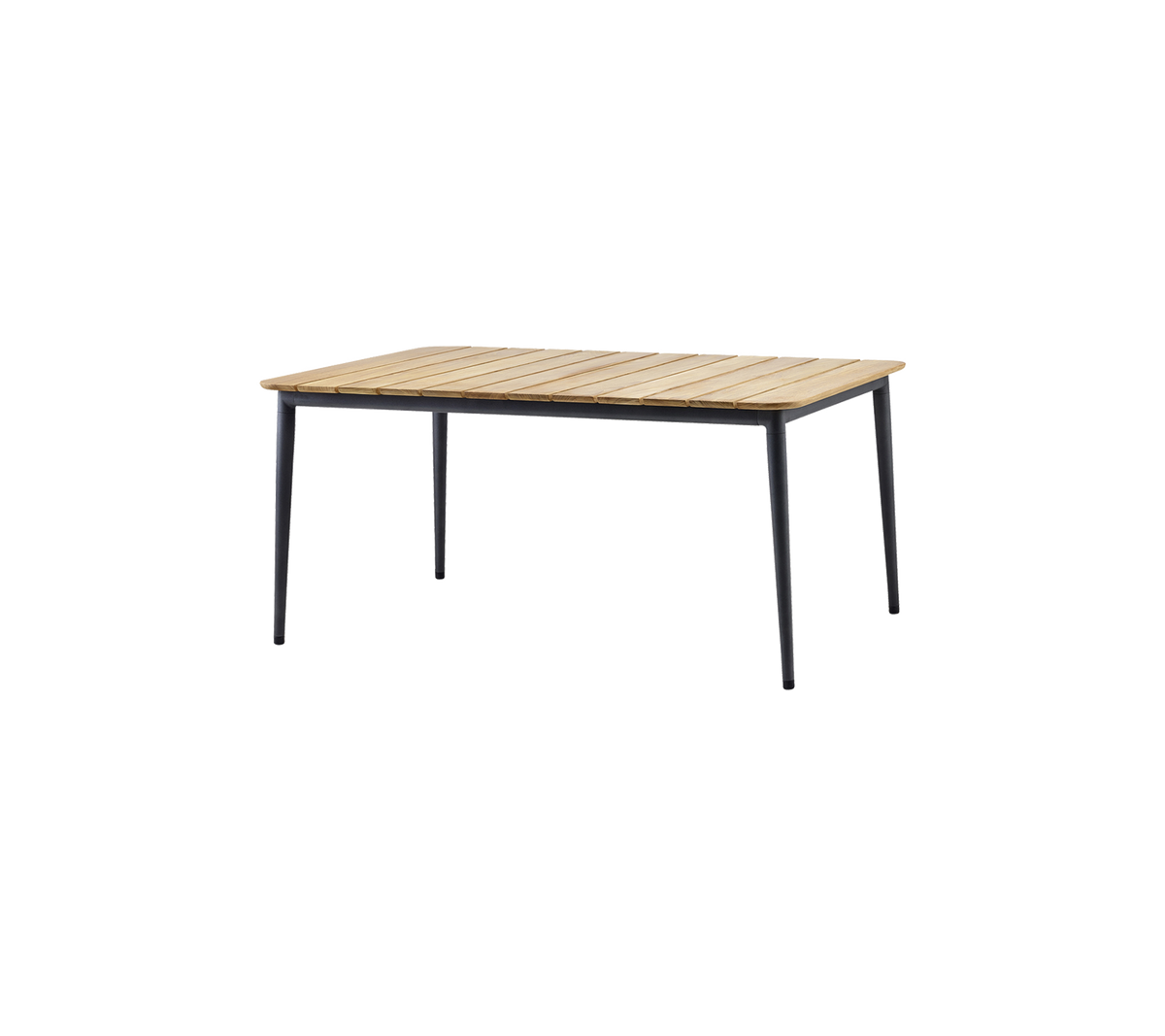 Rektangulært bord med en lamellert treplate og slanke svarte ben, egnet for forskjellige miljøer.