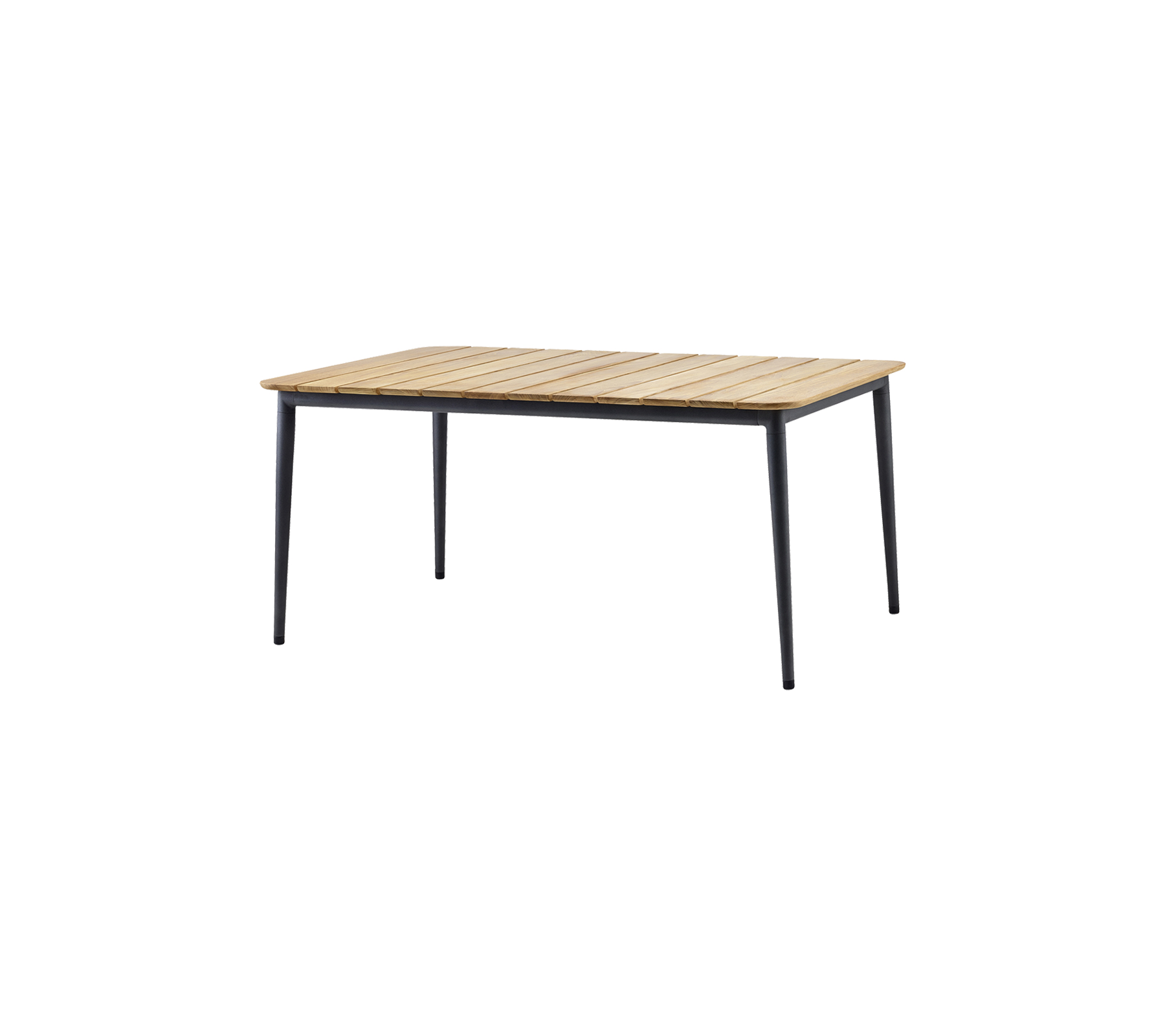 Rektangulært bord med en lamellert treplate og slanke svarte ben, egnet for forskjellige miljøer.