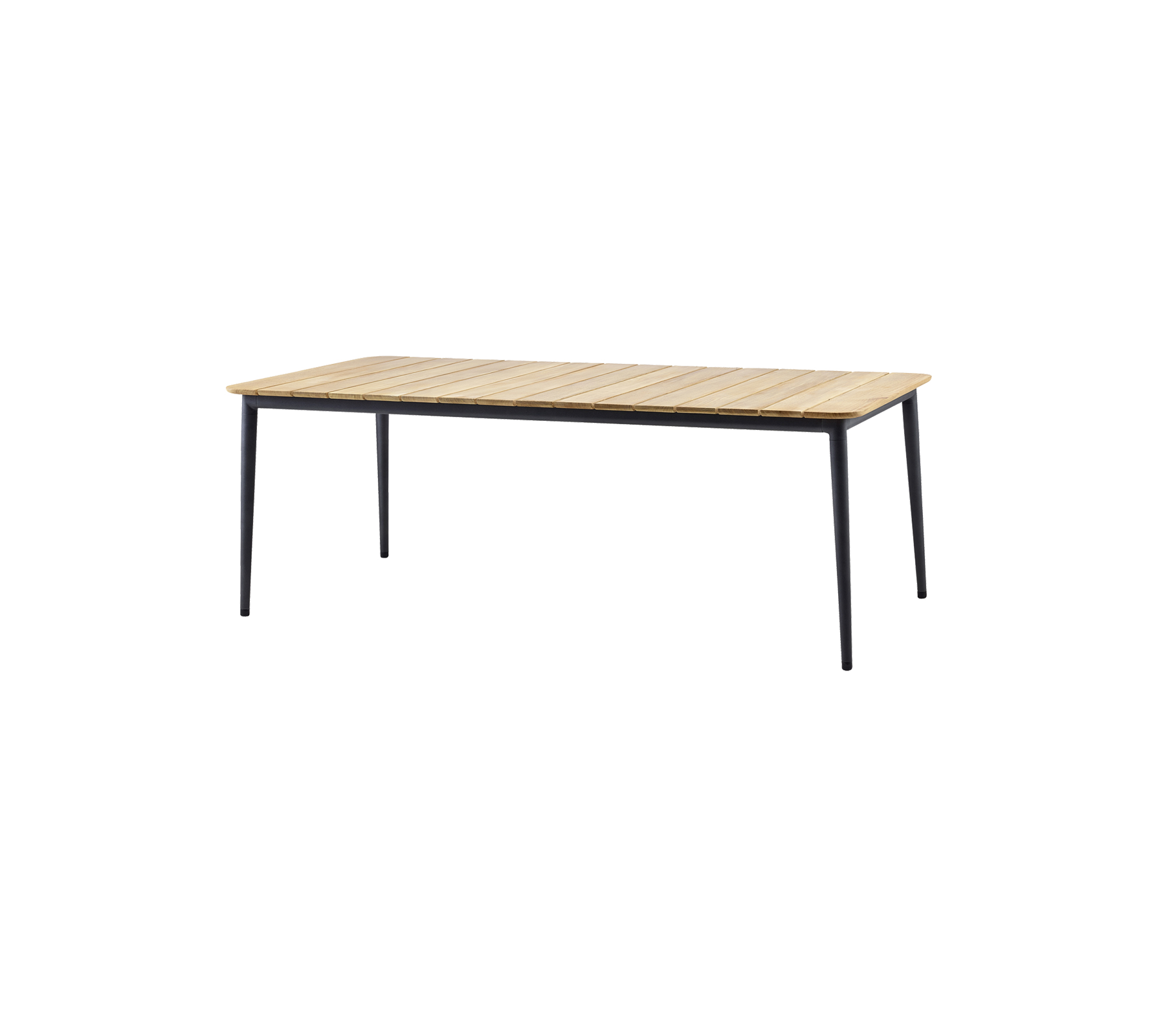 Stilig bord med en topp av trelister og slanke svarte ben, perfekt for ulike innstillinger og bruksområder.