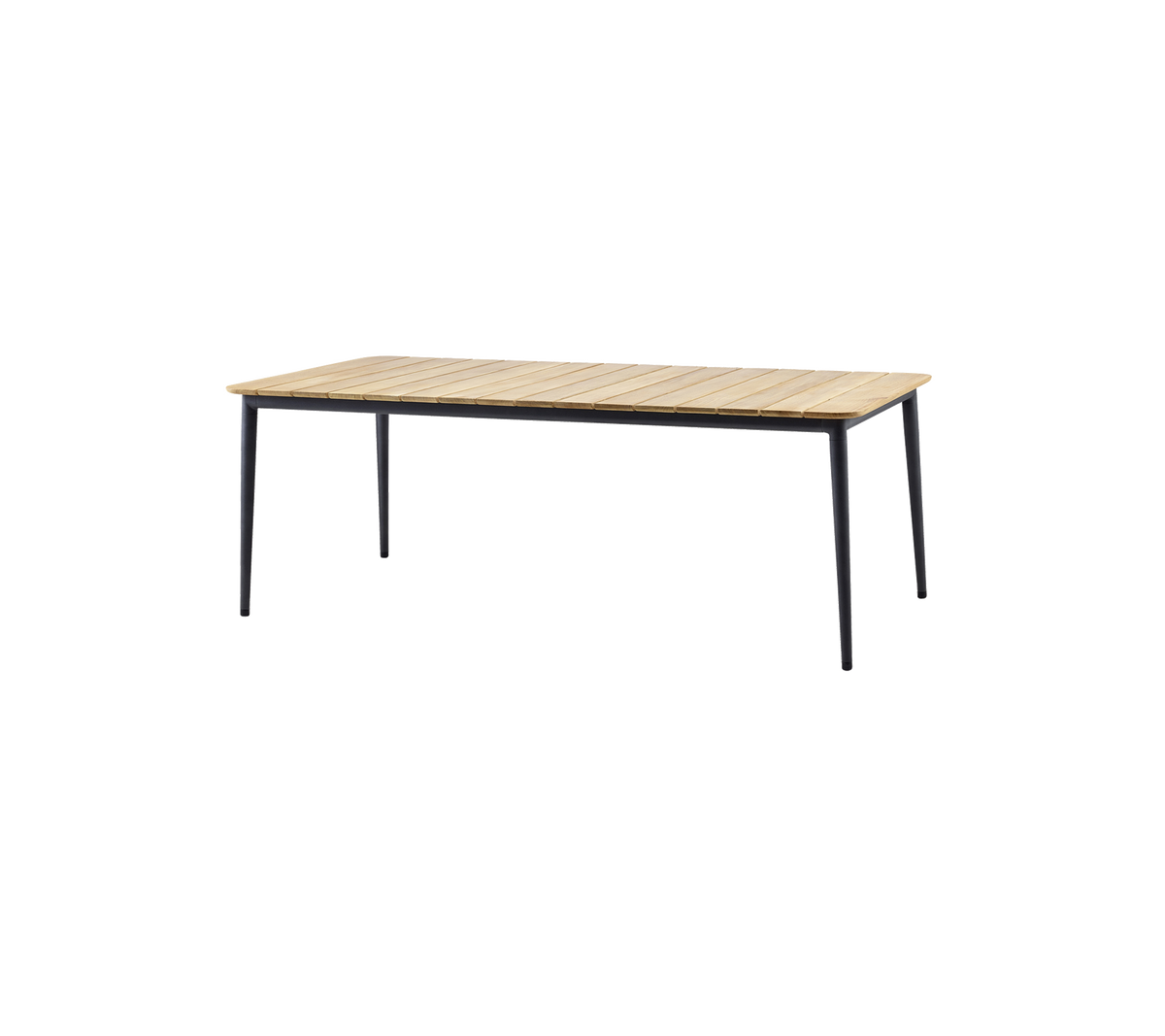 Stilig bord med en topp av trelister og slanke svarte ben, perfekt for ulike innstillinger og bruksområder.