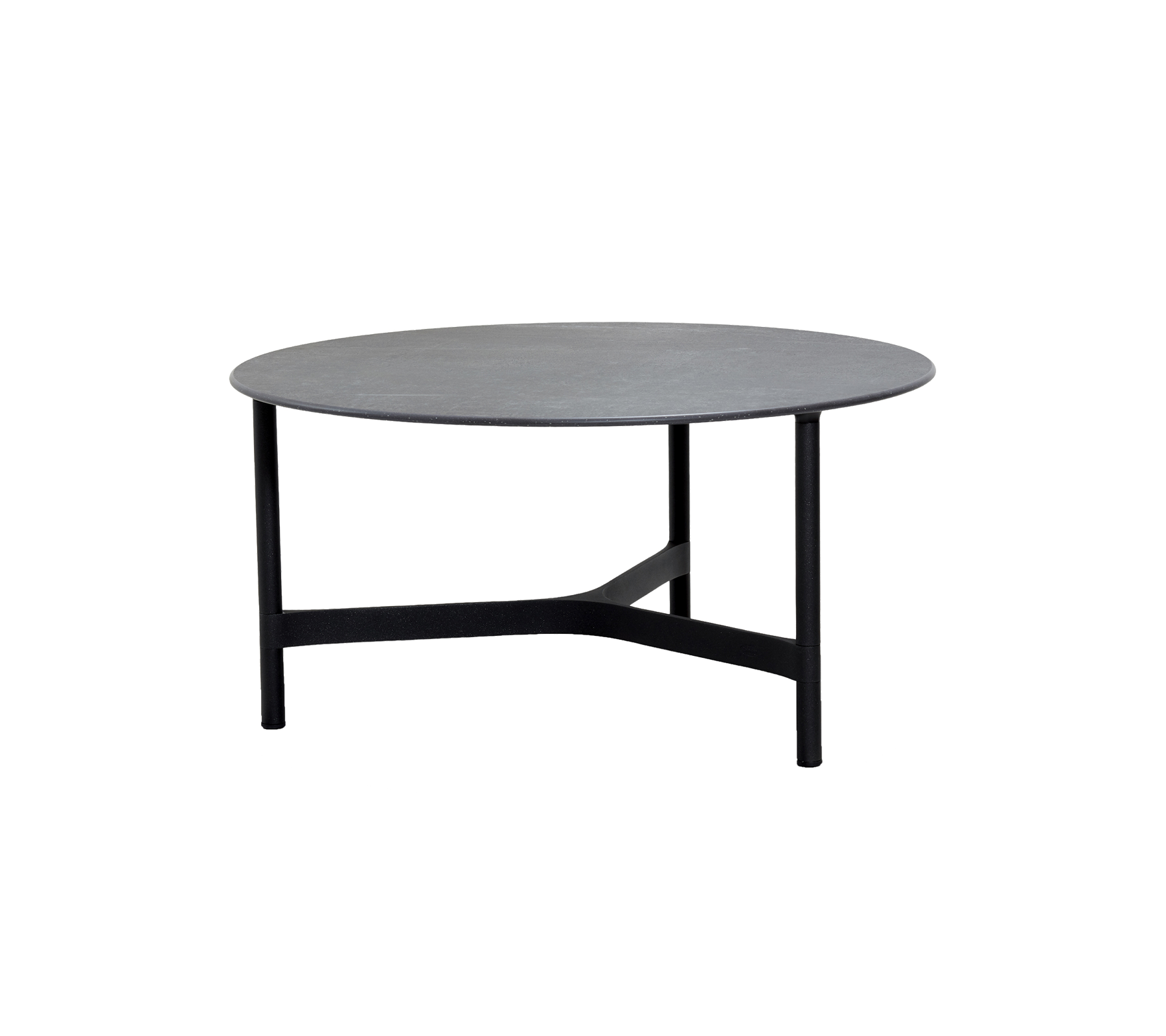 Rundt bord med en grå overflate, støttet av en slank svart ramme med minimalistisk design. Ideelt for moderne interiør.