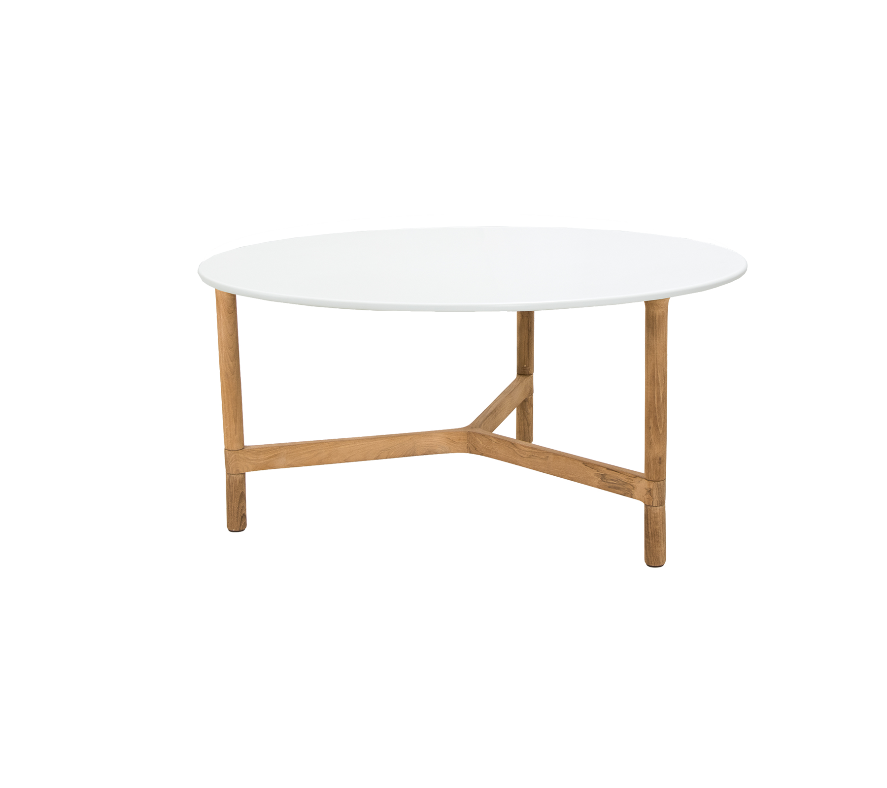 Et rundt kaffe bord med en glatt hvit topp støttet av solide treben med et unikt kryssdesign.