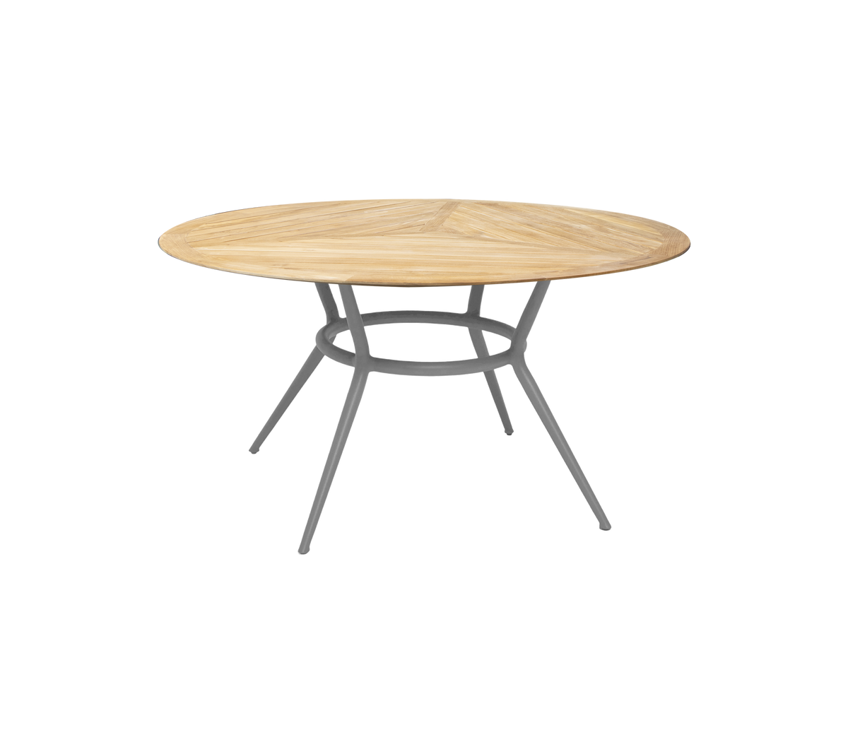 Rundt tretabel med en naturlig finish og en slank, moderne metallbase med tre skrå ben. Ideell for ulike settinger.