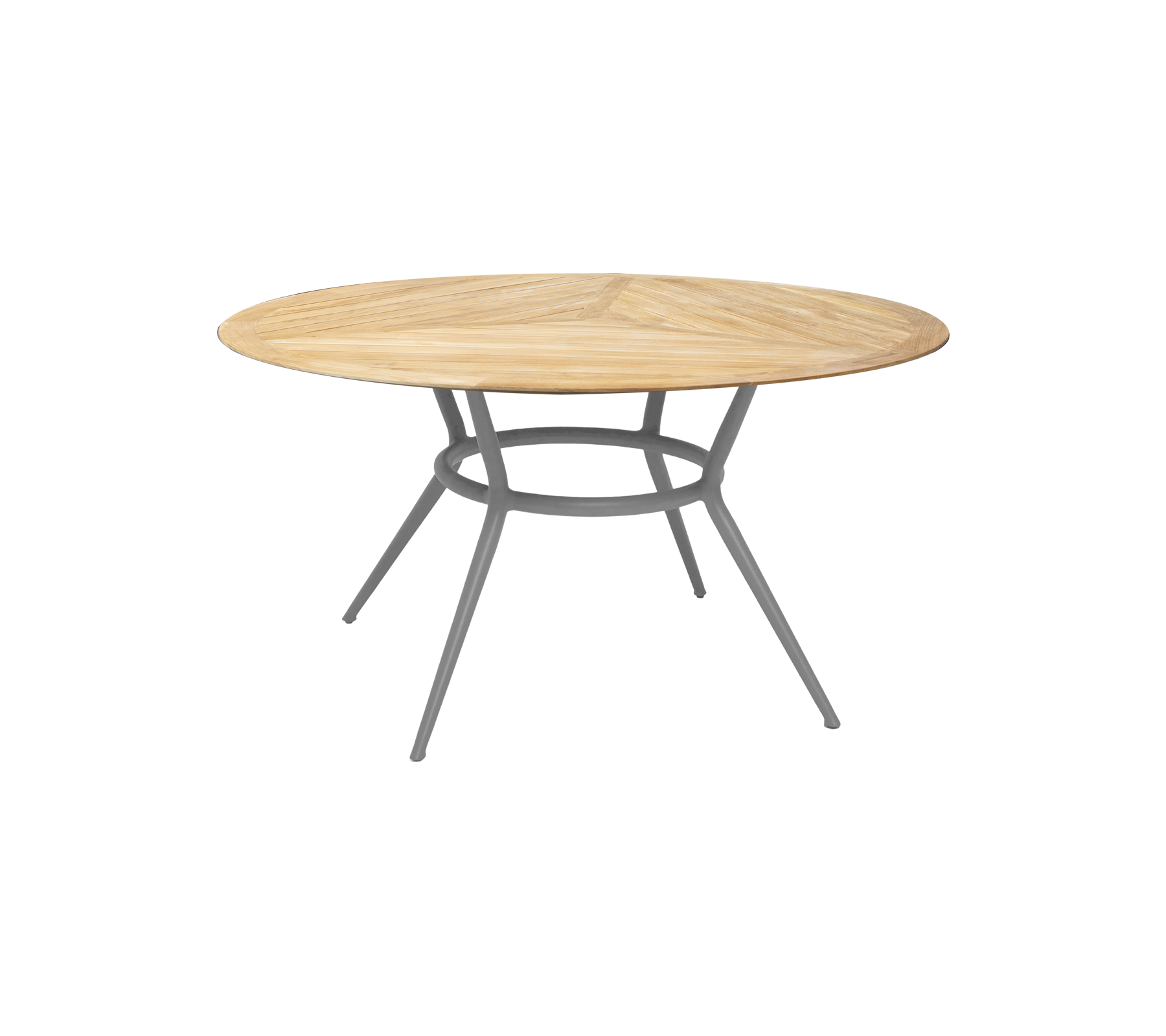 Rundt tretabel med en naturlig finish og en slank, moderne metallbase med tre skrå ben. Ideell for ulike settinger.