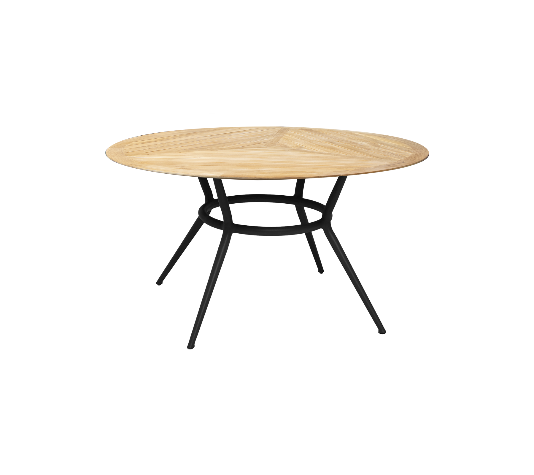 Rundt trebord med en lys trefinish og en svart metallbase, med et slankt og moderne design.