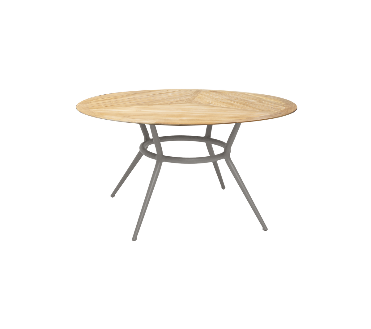Rundt tregulv med lys trefinish og solide grå bein, som tilbyr et moderne og stilfullt design for forskjellige omgivelser.