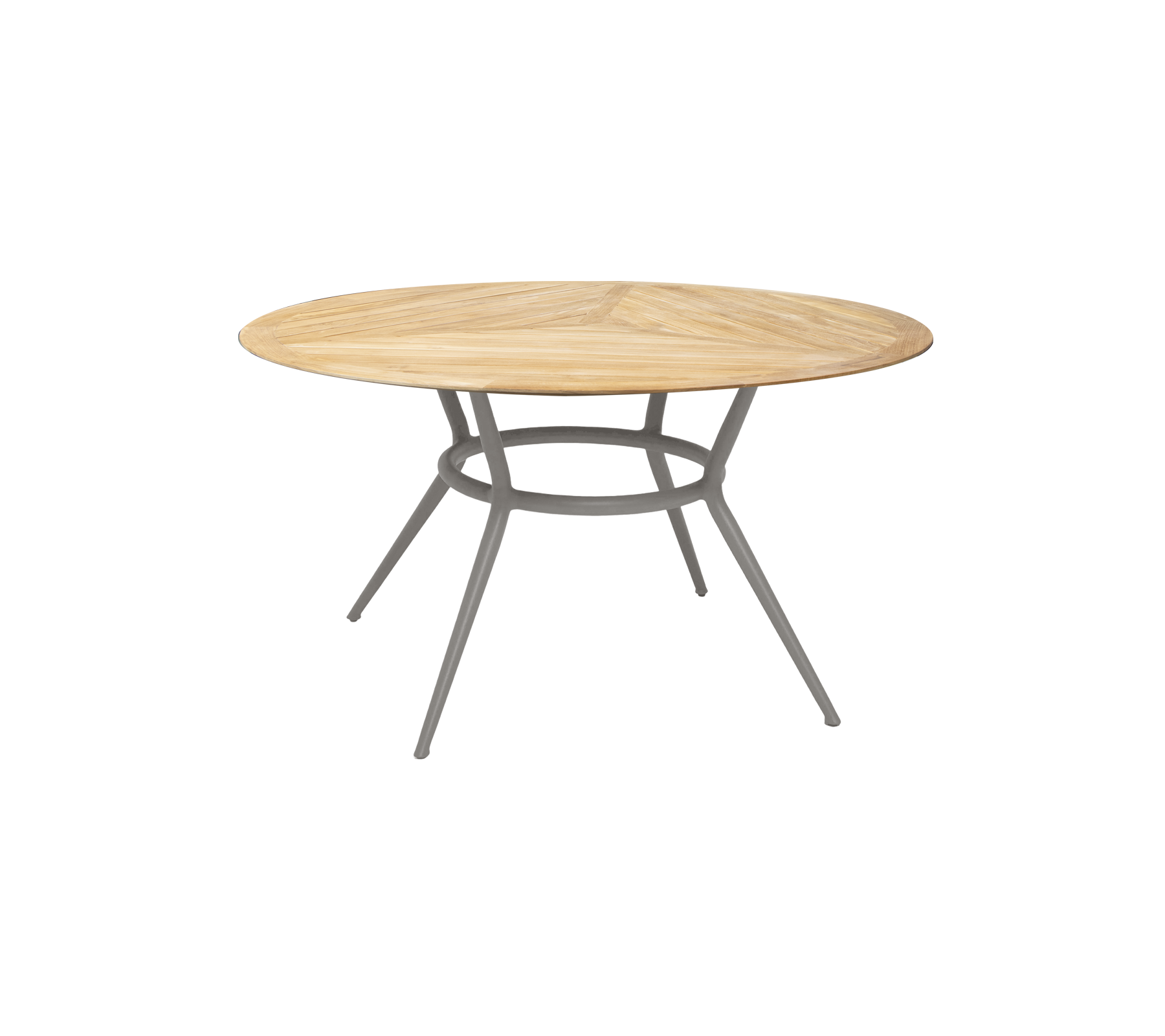 Rundt tregulv med lys trefinish og solide grå bein, som tilbyr et moderne og stilfullt design for forskjellige omgivelser.