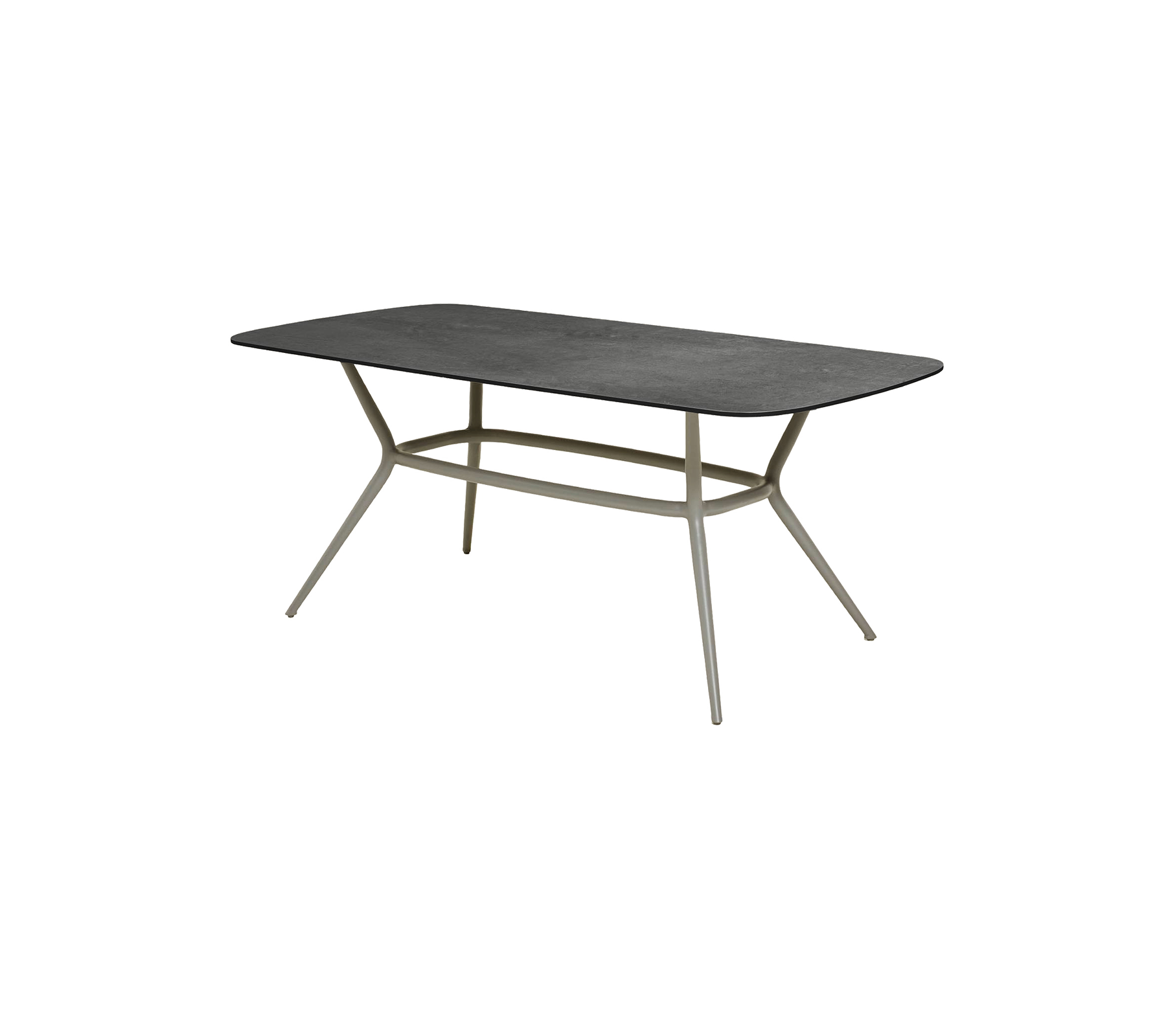 Moderne rektangulært bord med en stilren mørk overflate og stilige, skrå ben for et moderne utseende. Ideelt for forskjellige settinger.