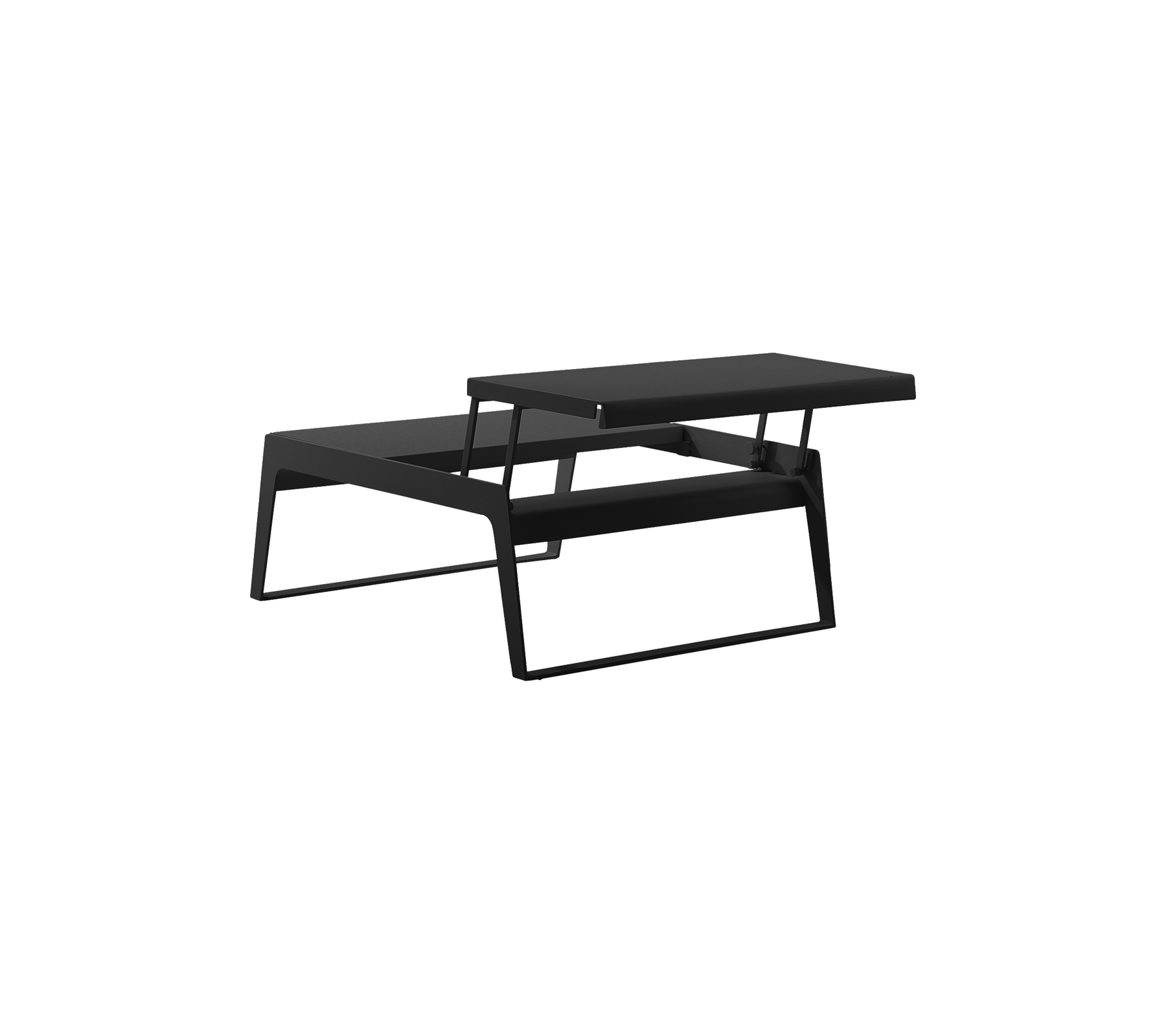 Moderne svart kaffebord med et slankt, minimalistisk design som har en lagdelt topp og solid ramme. Ideelt for moderne rom.