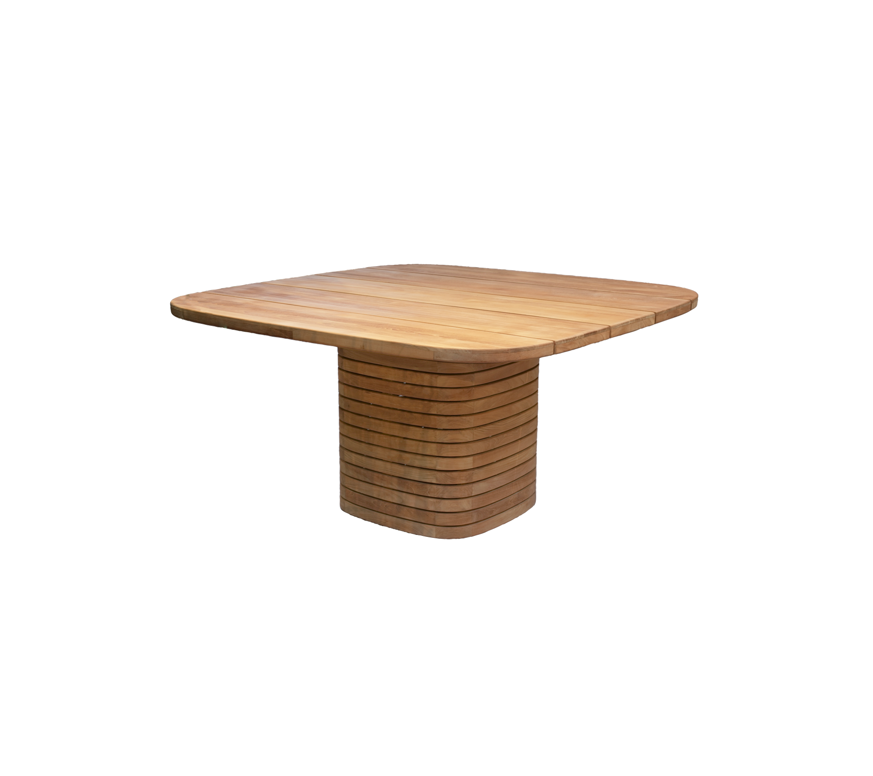 Firkantet teak spisebord med et unikt basedesign.