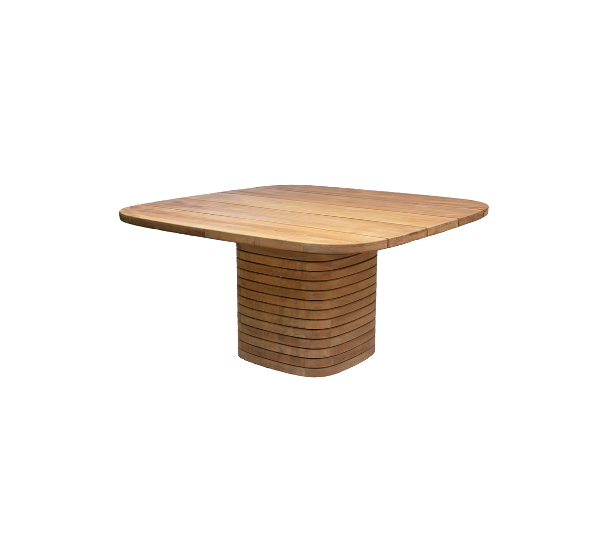Firkantet teak spisebord med et unikt basedesign.