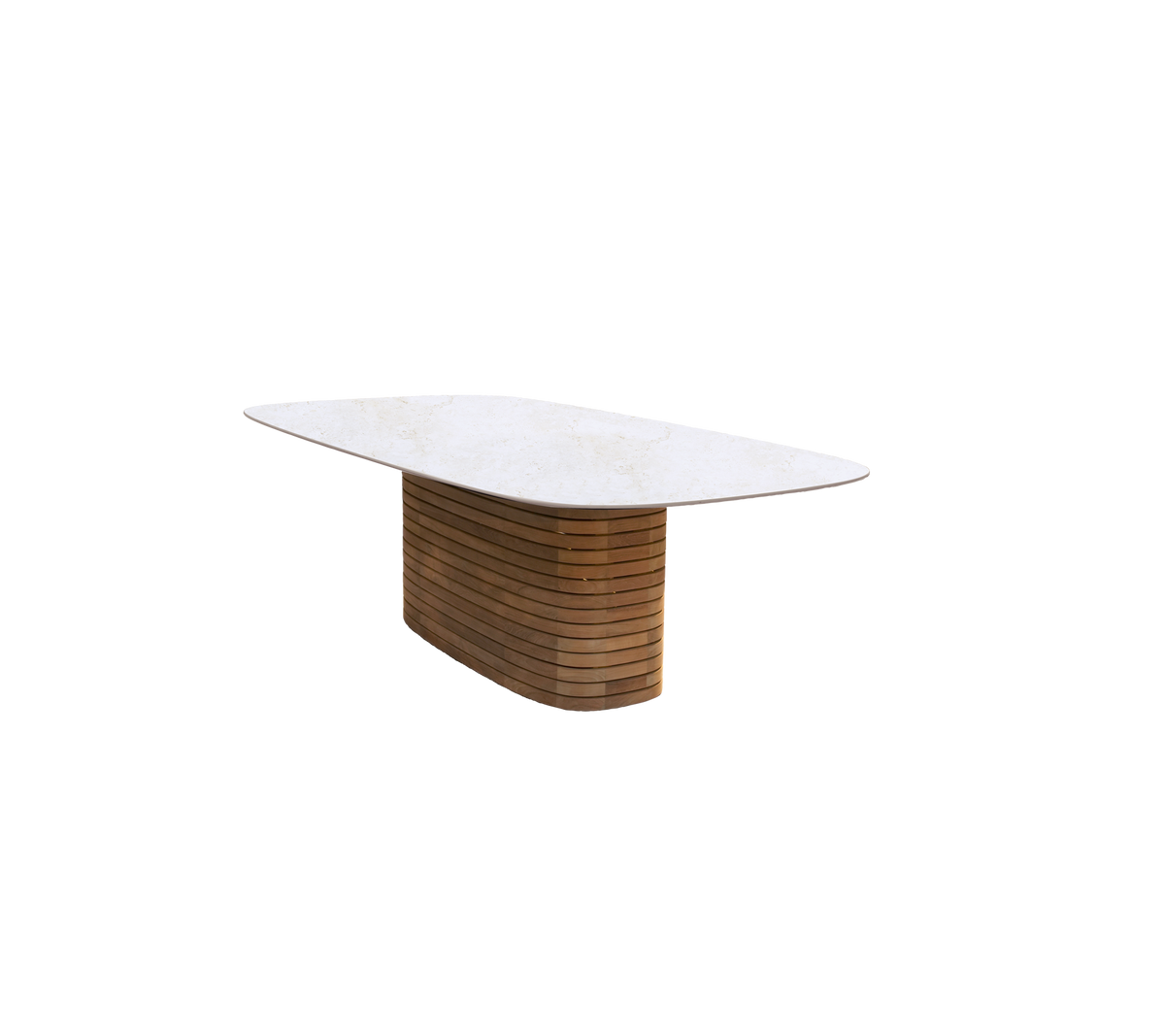 Moderne spisebord med teakbase og en travertinlignende topp.