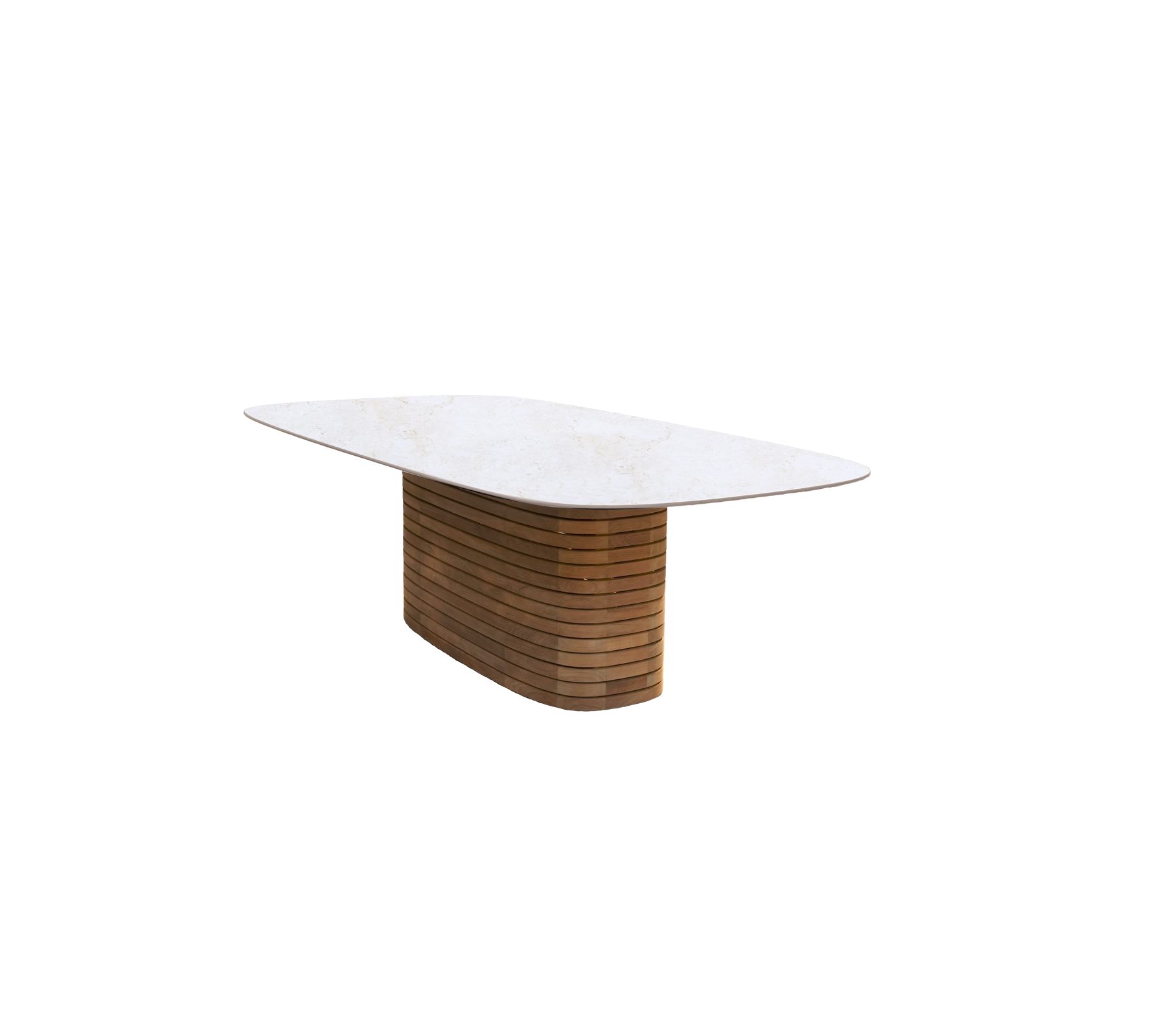Moderne spisebord med teakbase og en travertinlignende topp.