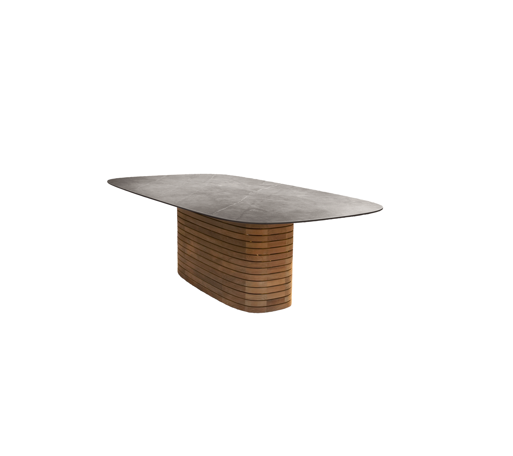 Teakbord med en glatt topp og et distinkt bendesign.