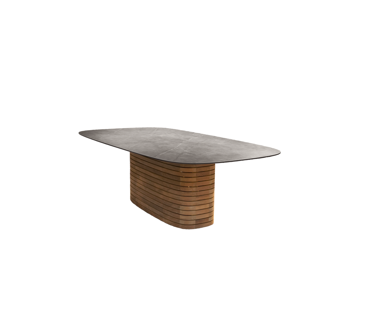 Teakbord med en glatt topp og et distinkt bendesign.