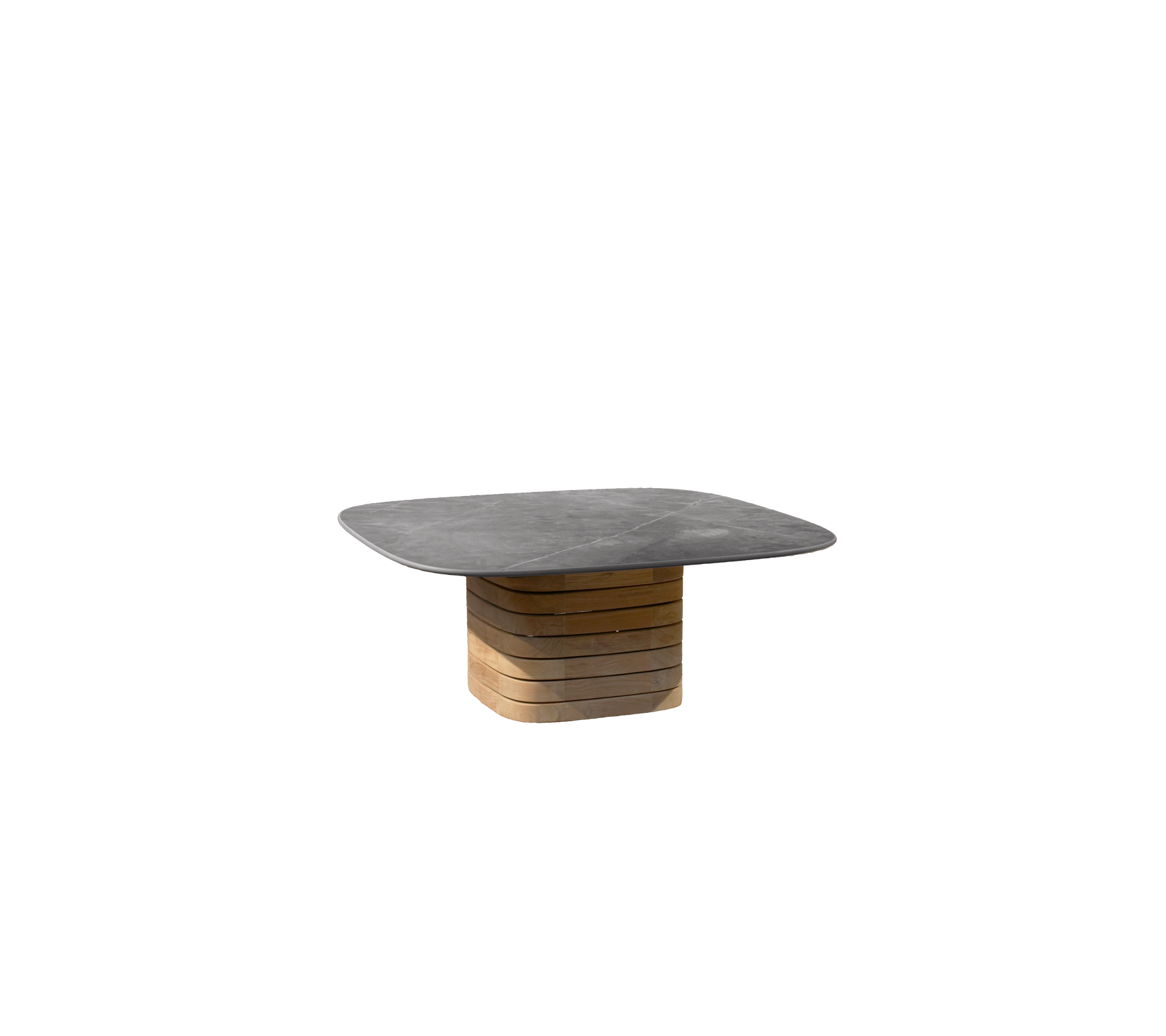 Grått bord med teakbase i moderne design.