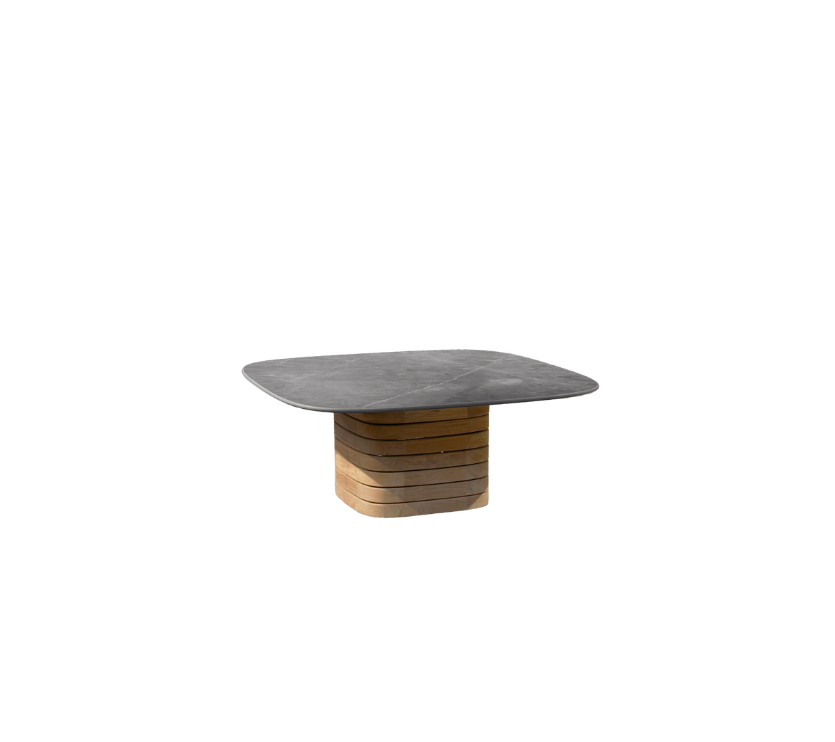 Grått bord med teakbase i moderne design.