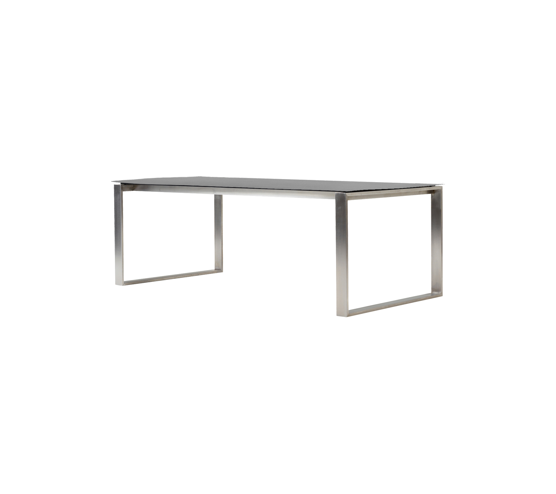 Elegant, moderne bord med en glatt overflate og robuste metalben, perfekt for spise- eller arbeidsarrangementer.