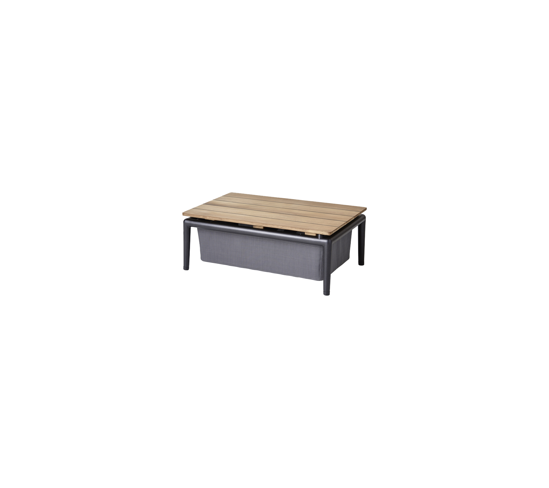 Kaffebord med en treoverflate og et oppbevaringsrom, med et minimalistisk design og kontrasterende farger.