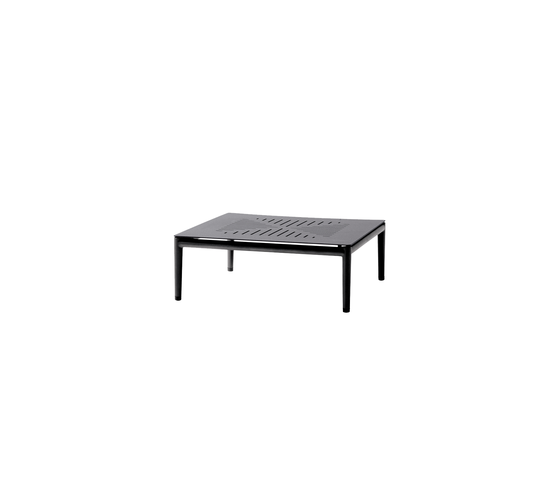 Firkantet svart bord med en ribbet topp og robuste ben, egnet for ulike innstillinger og formål.