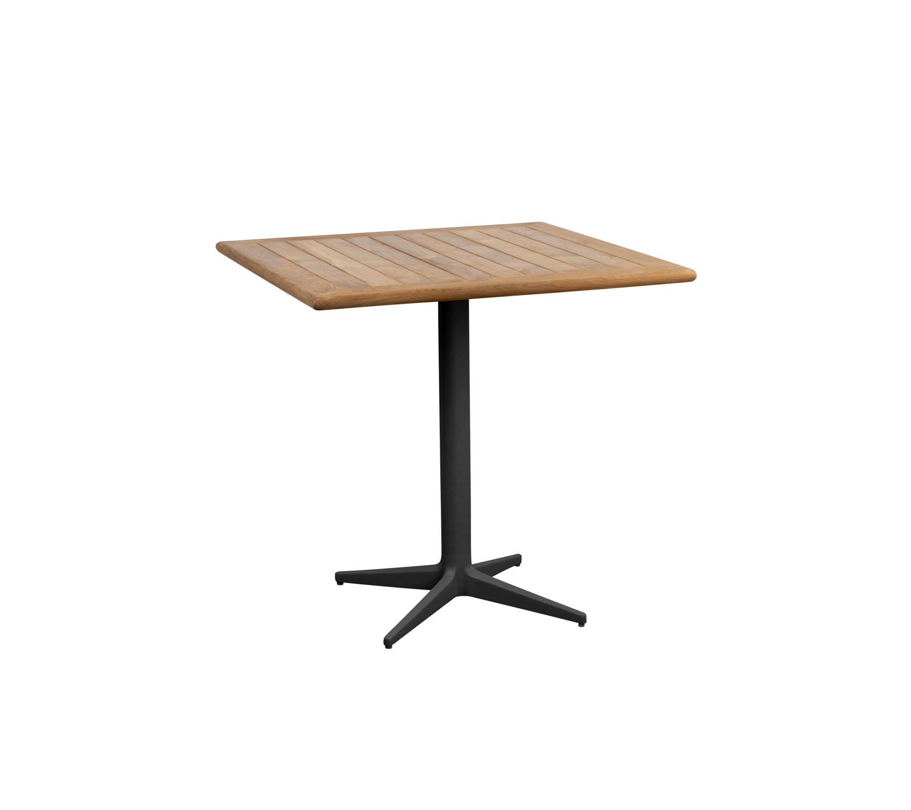 Firkantet bord med en treoverflate og en slank svart pedestalbunn, ideelt for ulike omgivelser og sammenkomster.