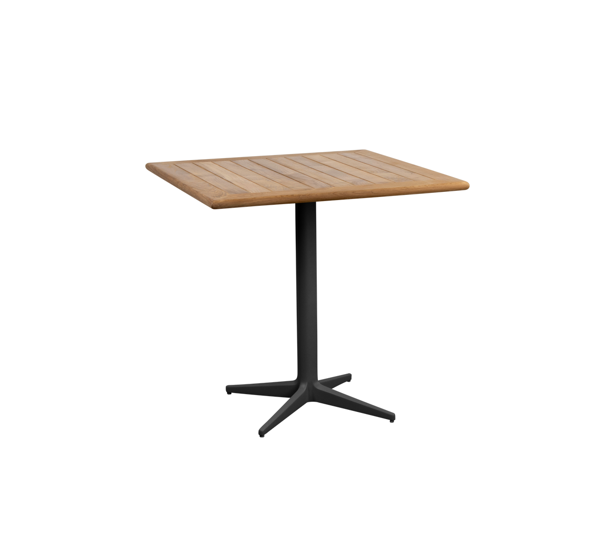 Firkantet bord med en treoverflate og en slank svart pedestalbunn, ideelt for ulike omgivelser og sammenkomster.
