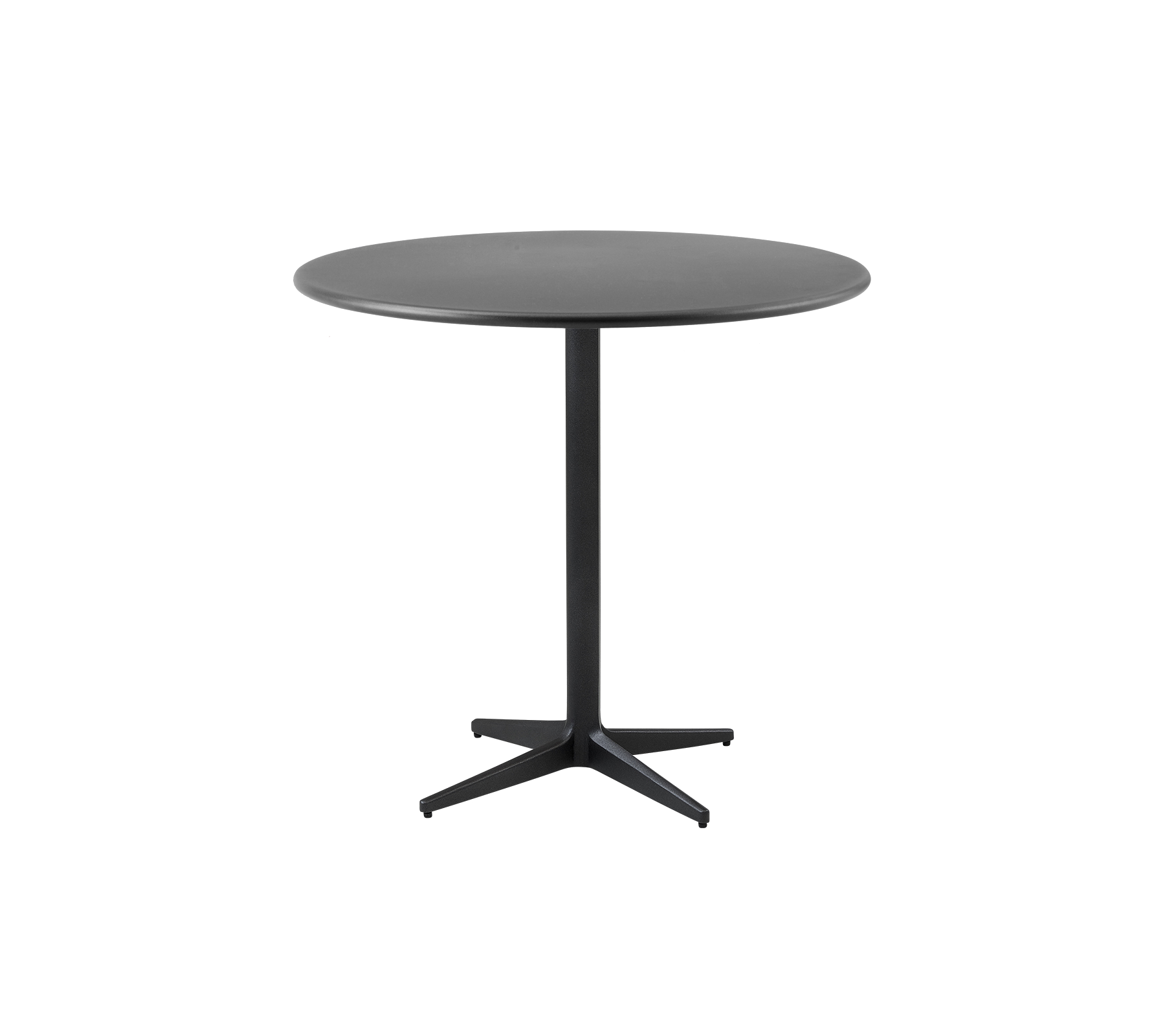 Rundt bord med en stilren svart finish og minimalistisk design, med en robust sentralbase for stabilitet.