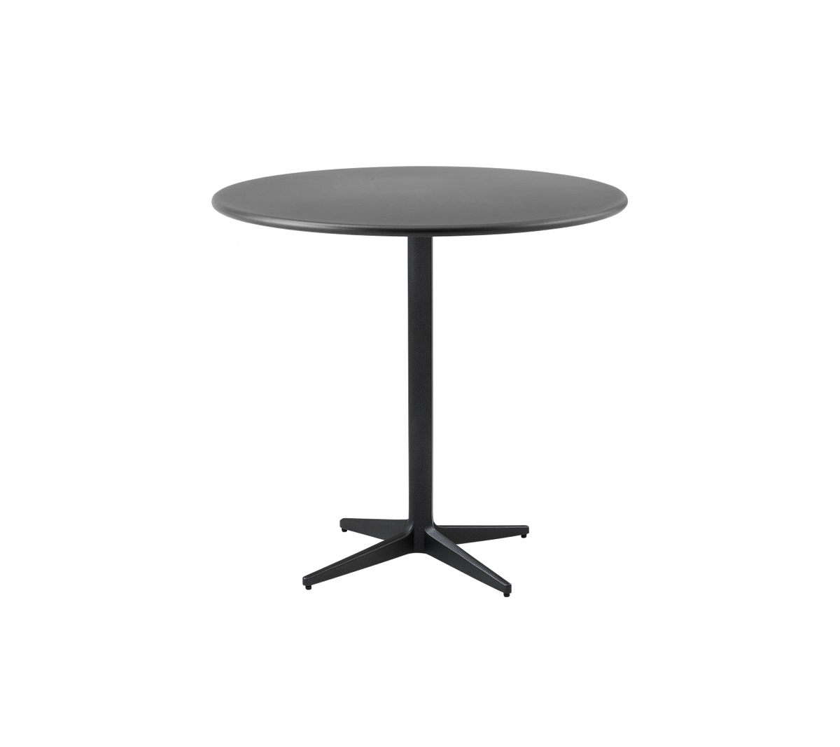 Rundt bord med en stilren svart finish og minimalistisk design, med en robust sentralbase for stabilitet.