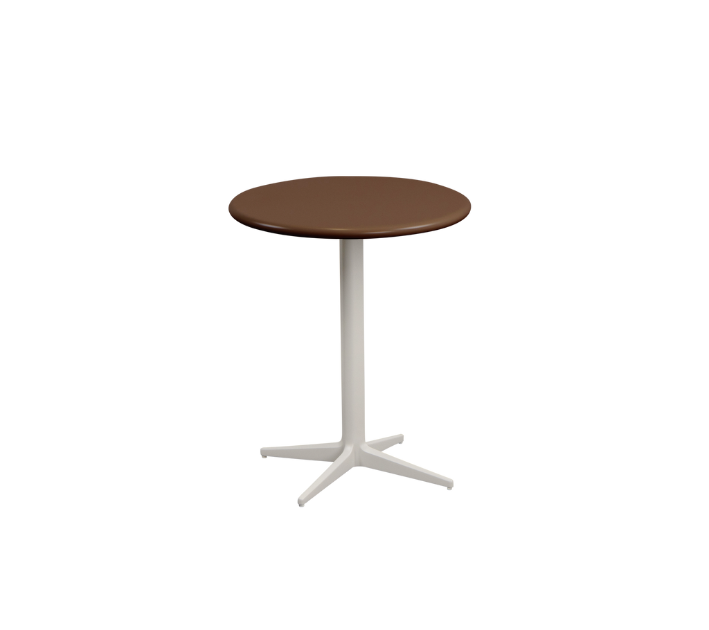 Rund brun bord med en hvit base.