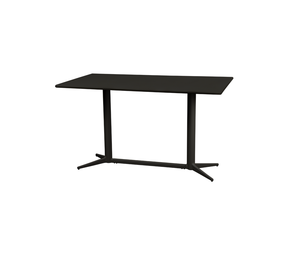 Moderne bord med en stilren rektangulær overflate og solide ben, med et minimalistisk design i en mørk finish. Ideelt for forskjellige rom.