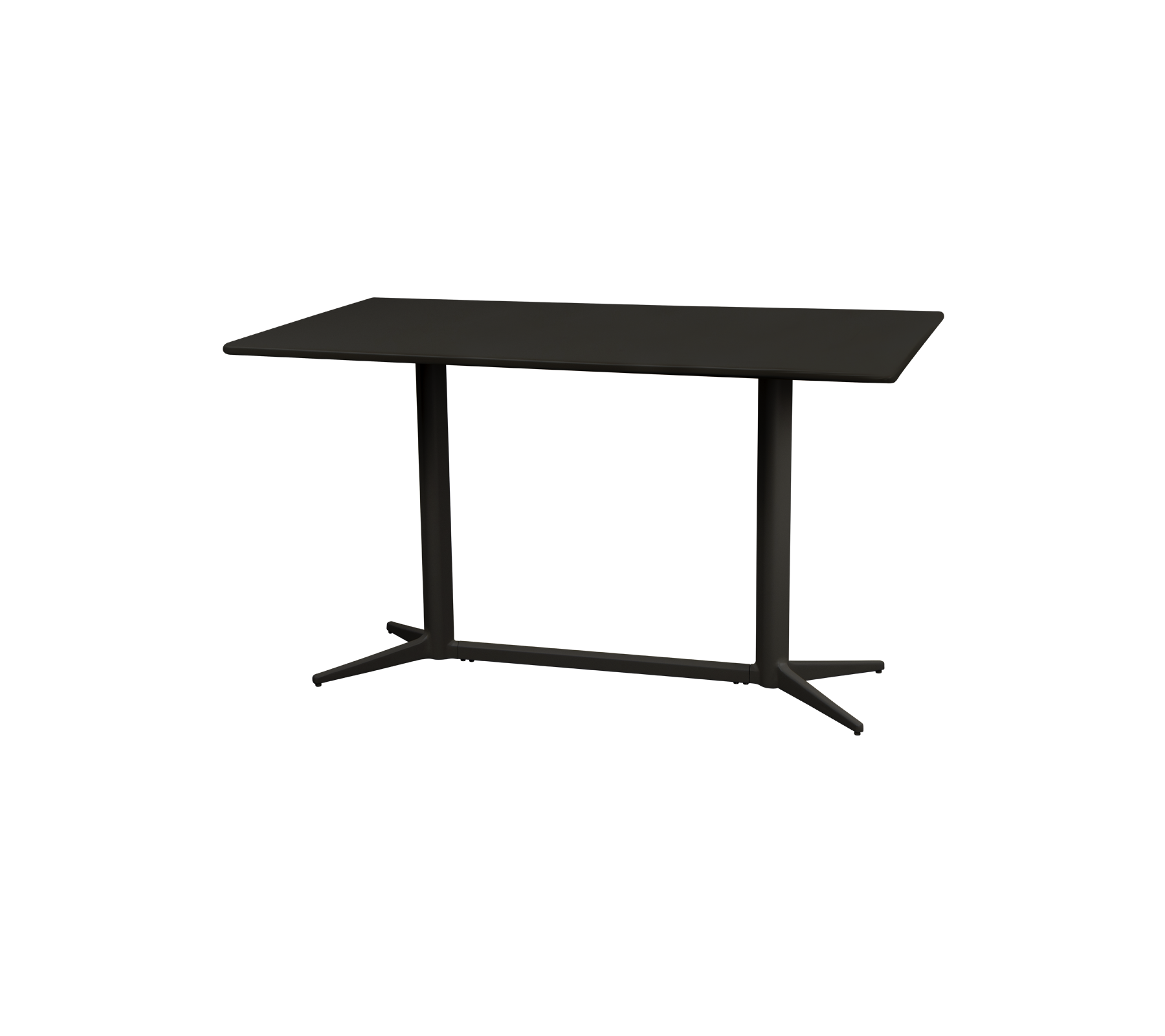 Moderne bord med en stilren rektangulær overflate og solide ben, med et minimalistisk design i en mørk finish. Ideelt for forskjellige rom.