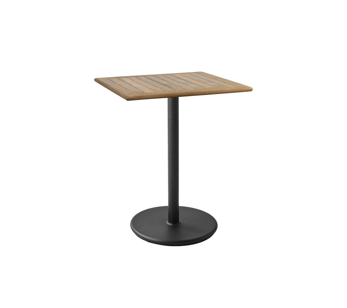 Firkantet bord med en lamellert treplate og en slank svart pedestalbase, ideelt for ulike omgivelser og stiler.